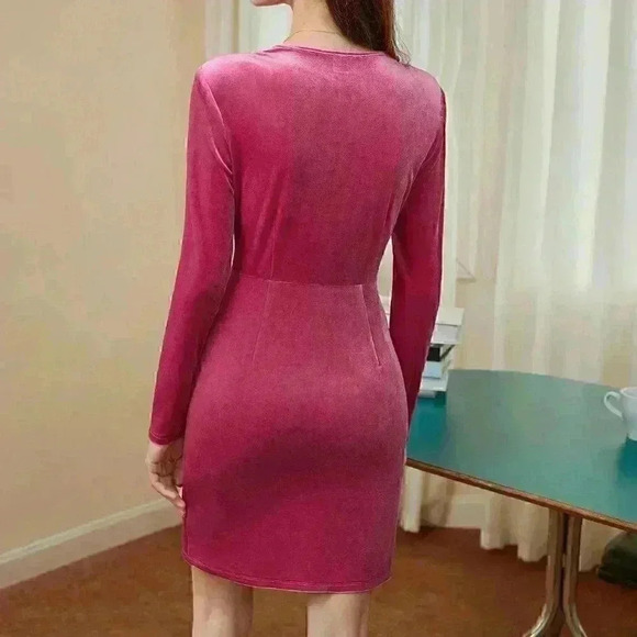 Pink Preppy Womens Ruched Front Velvet Bodycon Dress Without Belt - Picture 2 of 5
